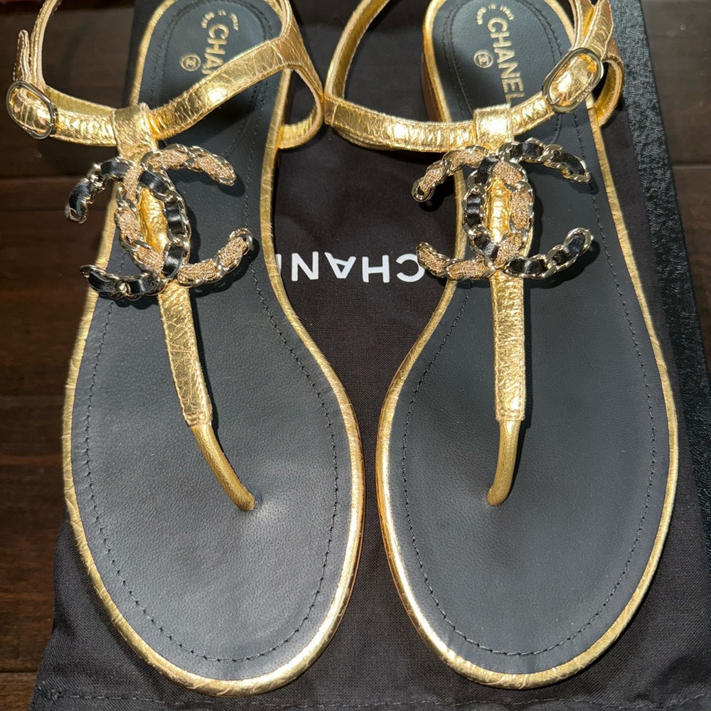 CHANEL Gold and Black T-Strap Sandals